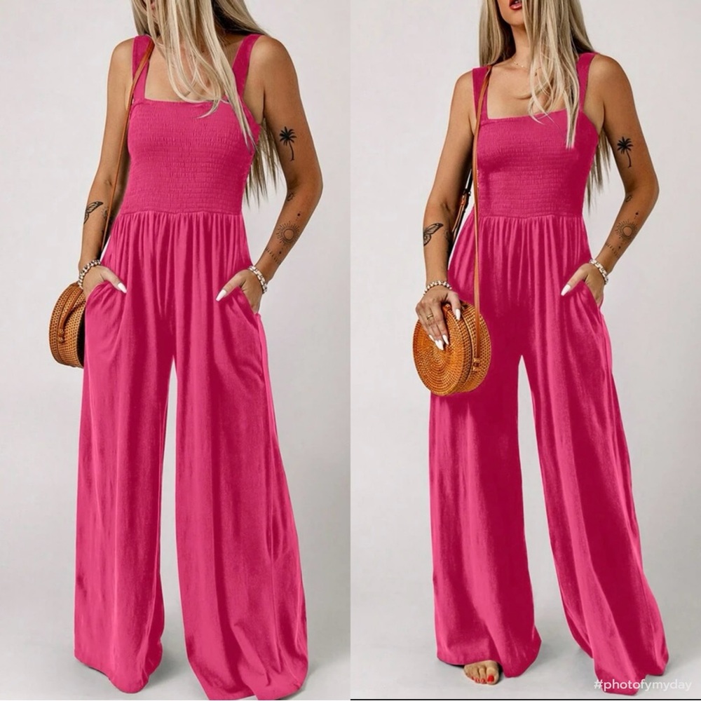Boho Smocked Pocket Wide Leg Pants Jumpsuit Pink